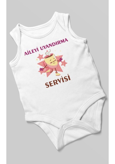 Aileyi Uyandırma Servisi Baskılı Bebek Zıbını Çıtçıtlı Body %100 Pamuk Sıfır Kol Beyaz