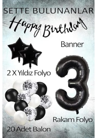 Siyah Konsept 3 Yaş Doğum Günü Kutlama Seti Beyaz Siyah Konfetili Balon, Rakam Yıldız Folyo Ve Banner Genel