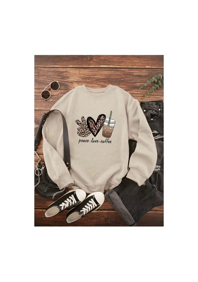 Herkesemoda Peace Love Detaylı Bisiklet Yaka İçi Polarlı Sweatshirt Bej