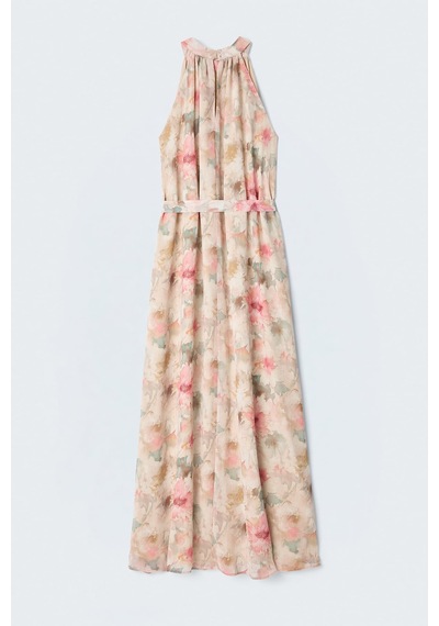 Sateen Desenli Uzun Elbise - Pembe-137409