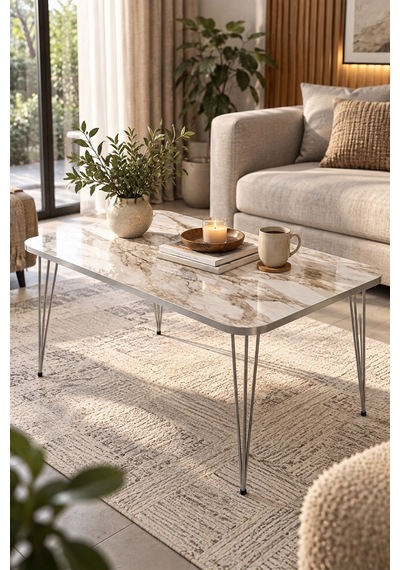Sulorahome Gümüş Tel Ayaklı Mermer Desenli Beyaz Orta Sehpa 90x50 Cm Beyaz Mermer