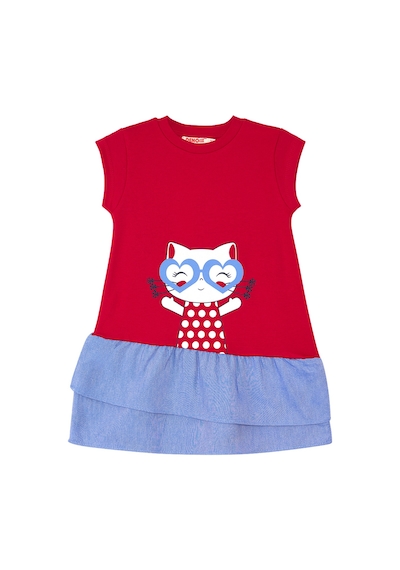 Denokids Kedi Fırfırlı Kırmızı Kız Elbise Kırmızı