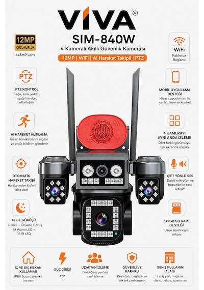 Viva Sım-840w 4 Kameralı Akıllı Güvenlik Kamerası 12mp Wifi Ptz Aı Hareket Takipli Renkli Gece Görüşlü Dış Mekan Ip Kamera