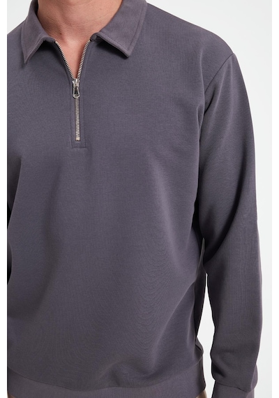 Tudors Erkek Relax Fit Rahat Kesim Pamuklu 3 İplik Fermuarlı Polo Yaka Koyu Gri Sweatshirt-41817 Koyu Gri