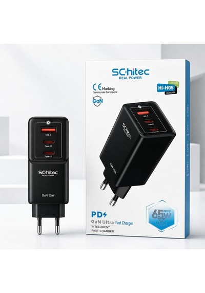Schitec Gan 65w Ultra Hızlı Şarj Cihazı 3 Çıkışlı Usba / 2 X Type-c Hızlı Şarj Aleti Başlığı Hi-h05 Siyah