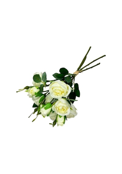 Yapay Çiçek Beyaz Gül 8 Gül 4 Tomurcuklu Lüx Demet Gelin Çiçeği Buketi Masa Üstü Vazo Çiçeği 47cm