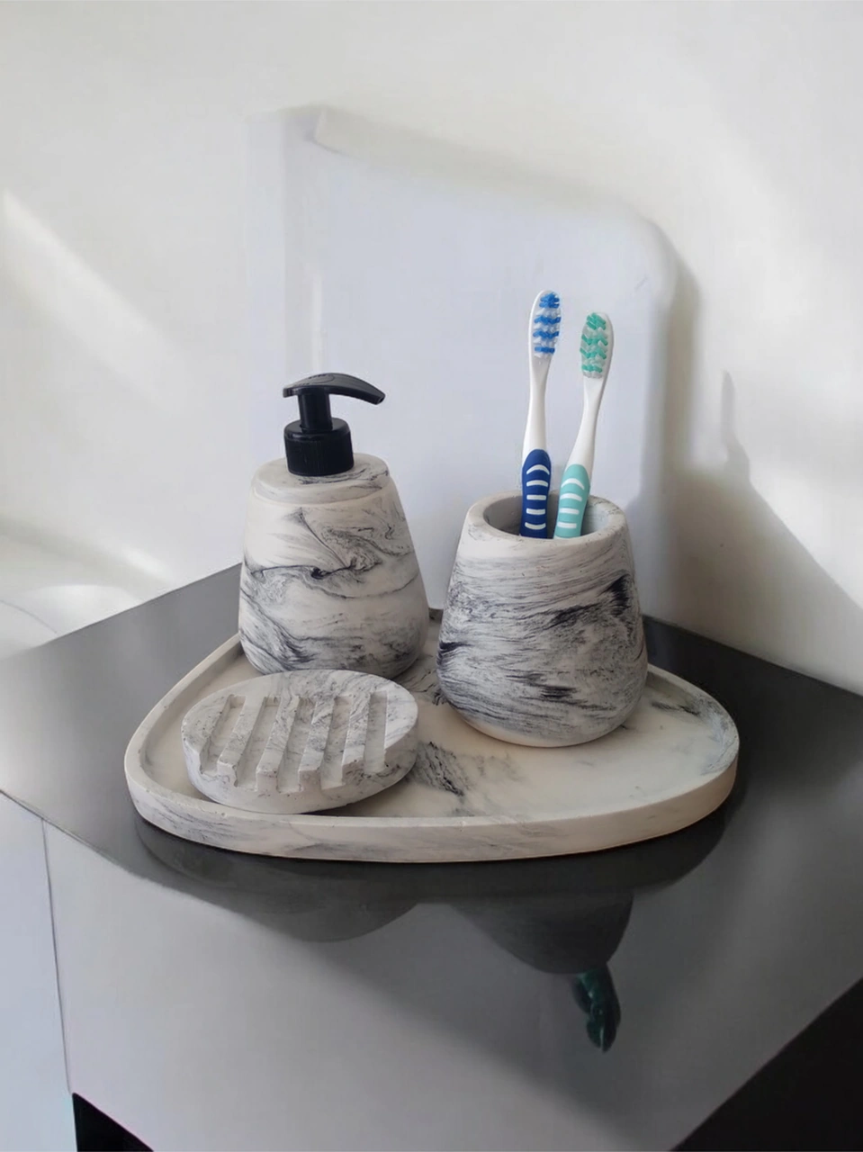 4'lü Mermer Desen Banyo Seti Tuvalet Gri
