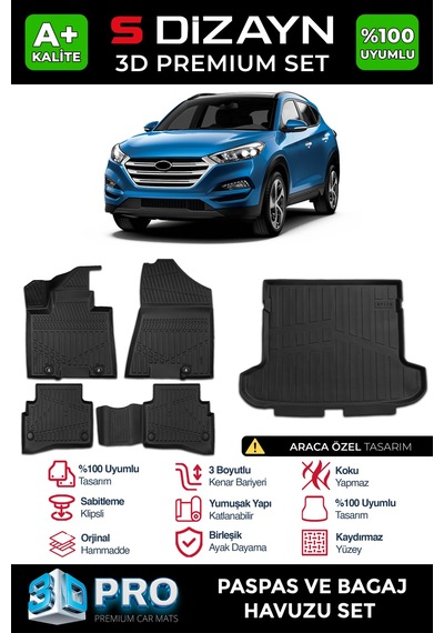 S-dizayn Hyundai Tucson 3d Pro Havuzlu Paspas Ve Bagaj Havuzu Seti 2'li Set 2015-2021 A+ Kalite