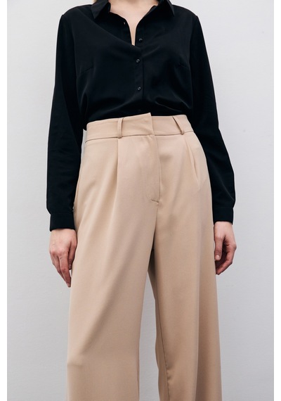 Sateen Pileli Krep Pantolon - Bej