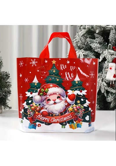 1 Adet Şenlikli Noel Baba Noel Ağacı Hediye Çanta Kırmızı Plastik Kırmızı
