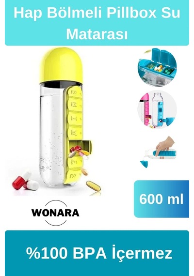 Özel Tasarım Uzun Ömürlü İlaç Kutusu Pillbox Su Matarası 600 Ml Suluk %100 Bpa İçermez Çok Renkli