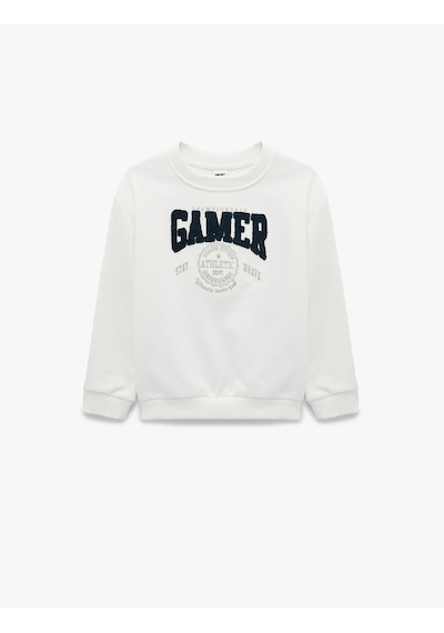 Koton Şardonlu Uzun Kollu Bisiklet Yaka Nakışlı Sweatshirt Ekru 7wmb10013tk