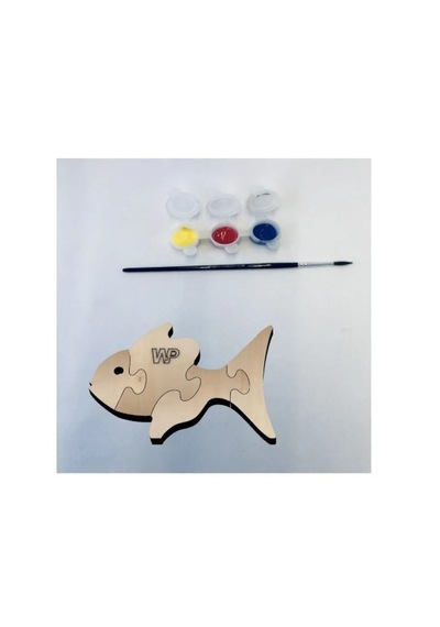 Masif Ahşap Puzzle Çocuklar İçin Boyanabilir Balık Boya Setli