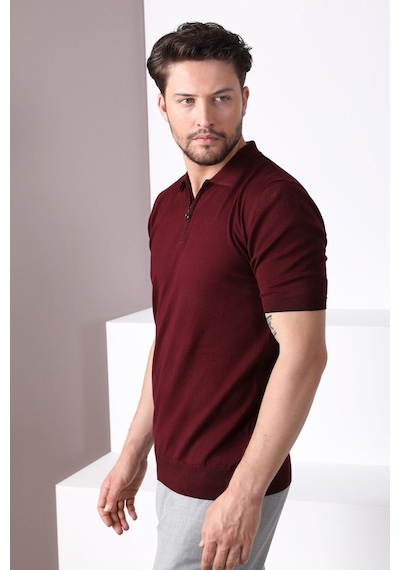 Ferraro Bordo Polo Yaka Fermuarlı Erkek Pamuk Triko T-Shirt-Bordo (417942847) Bordo