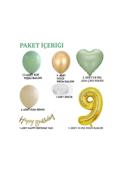 9 Yaş Doğum Günü Seti Küf Yeşili-krom Gold- Deniz Kumu Ve Adaçayı Kalp Folyo Balon Set