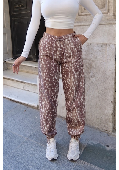 Kechi Woman Kadın Gabardin Ceylan Desenli Beli Lastikli Jogger Pantolon Kw3166