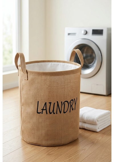 Çamaşır Sepeti Kumaş Kulplu Jüt Kumaş Katlanabilir Laundry Yazılı Bej Renk Açık Kahverengi
