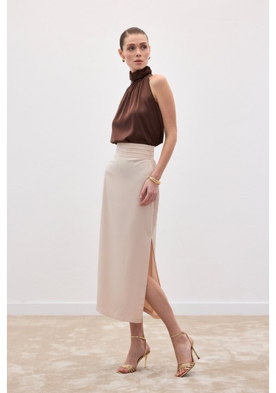 Sateen Bel Pile Detaylı Saten Etek - Bej-136549 Bej