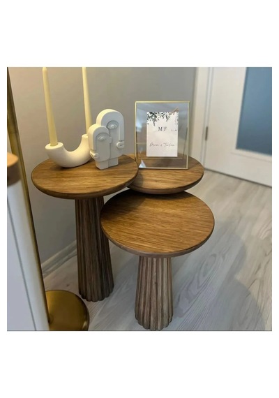 Wood 3 Lü Set Mantar Yan Sehpa Modern Ahşap Ceviz Renk Fiskos