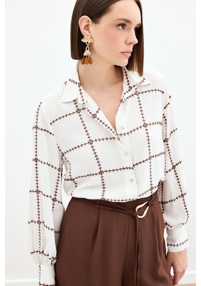 Sateen Nakış Detaylı Viskon Gömlek - Kahve-136092 Kahve