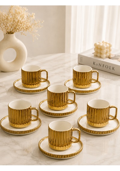 6 Kişilik Porselen Çizgili Modern Kahve Fincanı Takımı Seti 100ml Sunum Fincanı Gold