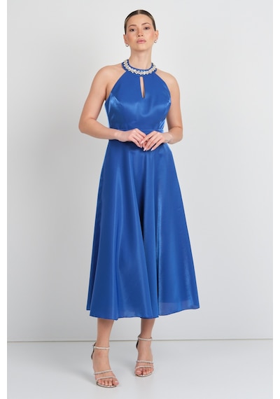 Saygın Kadın Halter Yaka Saten Midi Abiye Elbise 5624 Saks Saks