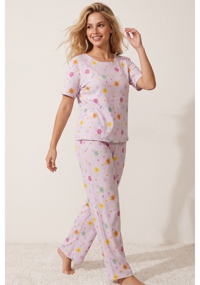 Siyah İnci Pamuklu Fitilli Kaşkorse Örme Pijama Takım 26120402 Lila Renkli Çiçek