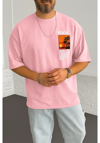 Beach Baskılı Oversize Unisex Tişört Pembe