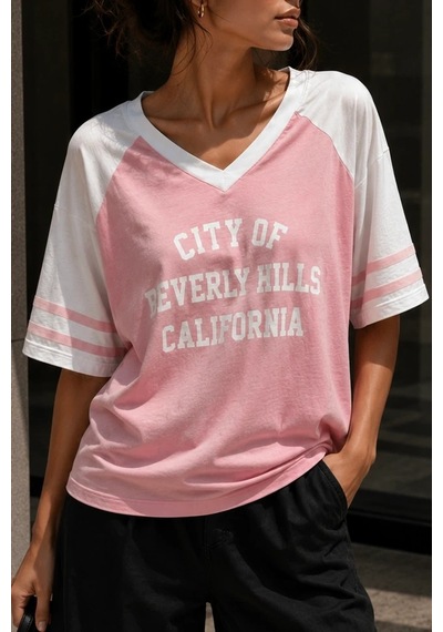 Bbbutikbasic Baskılı Oversize V Yaka Salaş Tişört My3535 Pembe