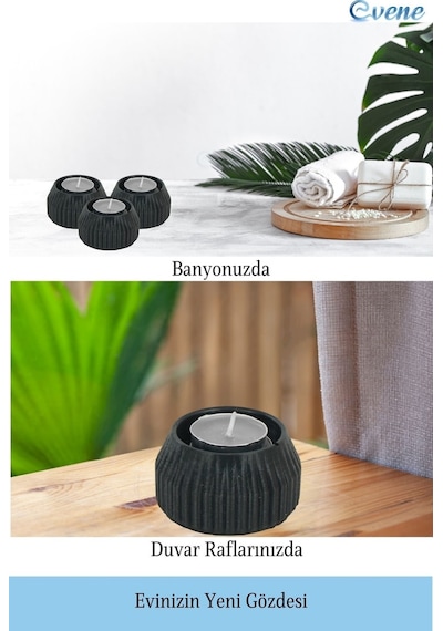 Mumluk Şamdan 3 Adet Tealight Uyumlu Çizgili Model - Siyah