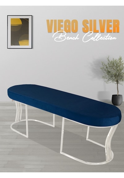 Viego Silver Smooth- Mavi Kapitoneli Model Puf & Bench & Koltuk- Oturak-uzun Makyaj Puff-yatak Odası Ucu &önü