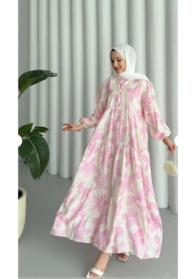 Vellichor Modal Kumaş Çiçekli Düğmeli Elbise - Pembe Pembe