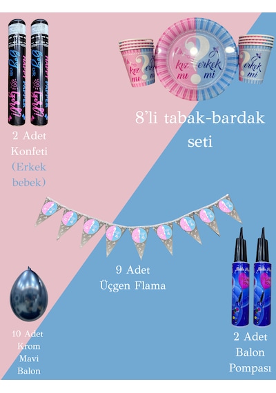 Cinsiyet Partisi Kutlama Seti Konfeti,Tabak-Bardak,Flama,Balon