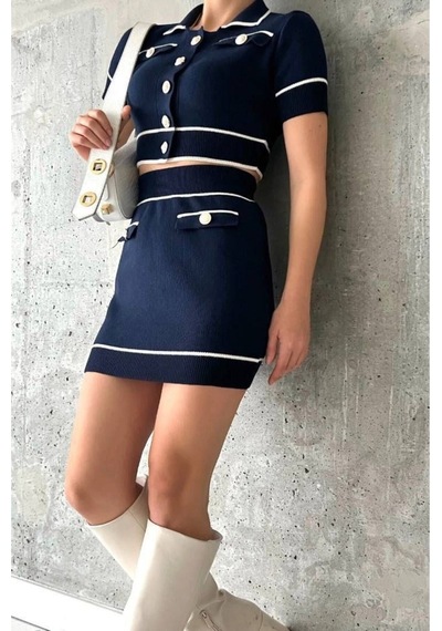 De Pose Kadın Lacivert Polo Yaka Inci Düğmeli Mini Etek Crop Ikili Takım