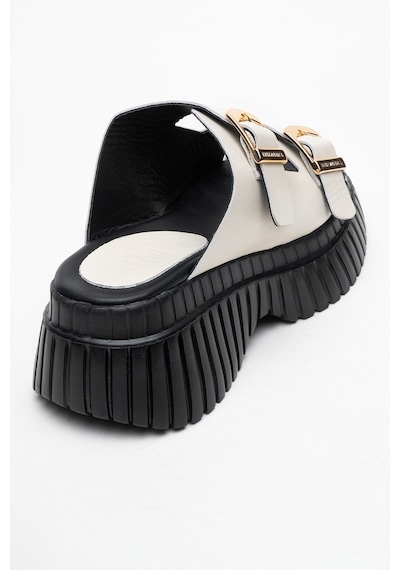 Luvishoes Luvi Shoes Joanes Ekru Cilt Hakiki Deri Çift Bantlı Kadın Dolgu Taban Terlik Ekru