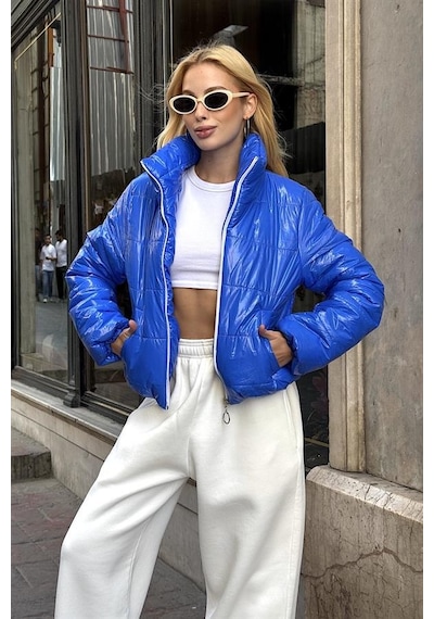 Saks Mavi Parlak Su İtici Dik Yaka Kısa Şişme Mont