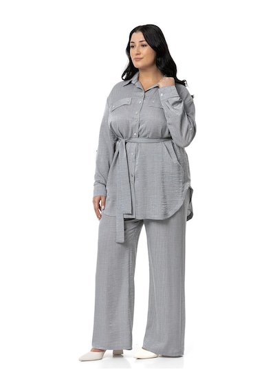 Disentis Büyük Beden Pırıltılı Kumaş Gömlek Pantolon Gri İkili Takım-gri Gri