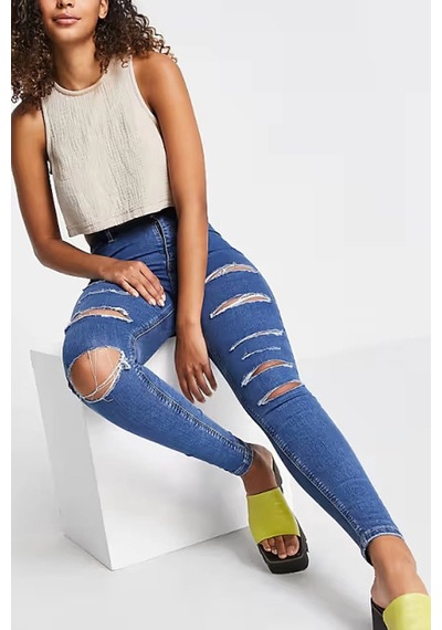 Yırtık Mavi Yüksek Bel Skinny Fit Jean Likralı Önü Cepsiz Tayt Pantolon
