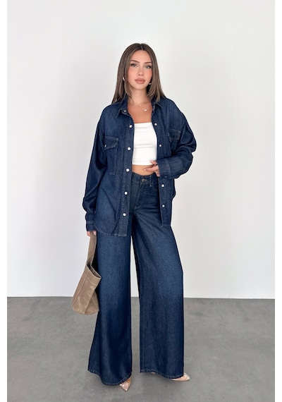 Kadın Koyu Mavi Jean Denim Oversize Kalıp %100 Tencel Dökümlü Cepli Düğmeli Kot Gömlek Sofia-6004