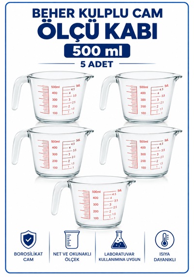 Beher Kulplu Cam 500 Ml - Ölçü Kabı 5 Adet