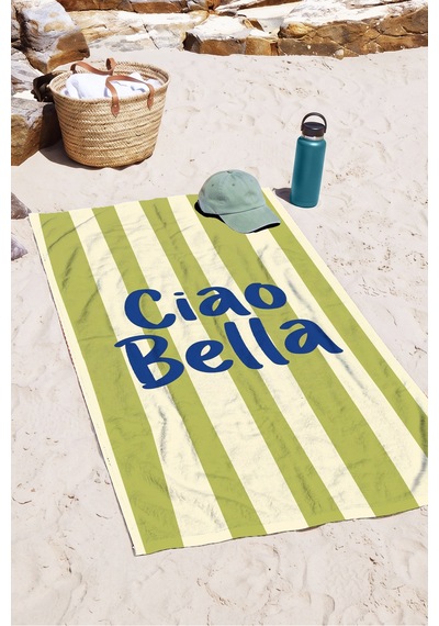 Çizgili Ciao Bella Yeşil Beyaz Plaj Havlusu-modern Minimalist Marine Hızlı Kuruyan Mikrofiber Havlu Çok Renkli