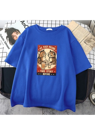 Flood Of Style Erkek Mavi He Had Heard Baskılı Oversize Bisiklet Yaka Tshirt
