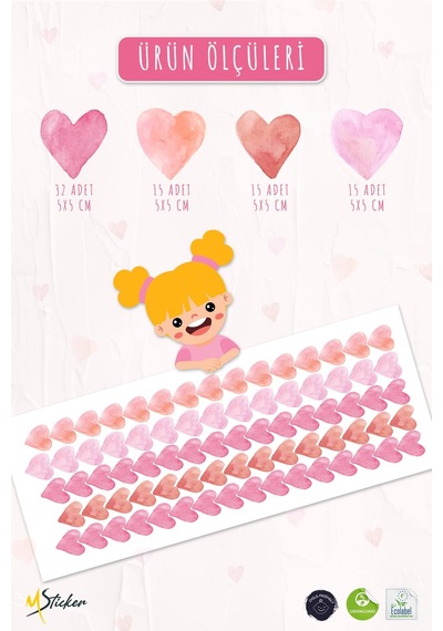 Kalp Sticker Seti, 77 Adet Pembe Tonlarda Özel Kesim Duvar Cam Çocuk Odası Sticker, Soft Kalpler Dijital Baskı