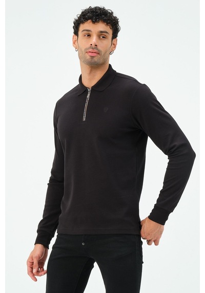 Fermuarlı Uzun Kollu Regular Fit Erkek Polo Yaka T-shirt Siyah