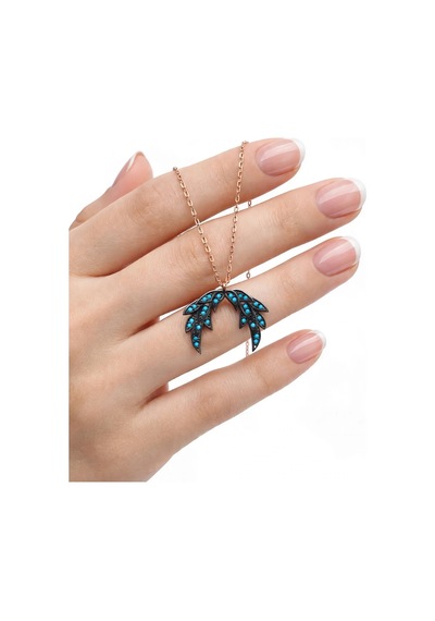 925 Ayar Gümüş Kolye Turkuaz Taşlı Melek Kanadı Rose Kadın Kolye Barcode Rose Gold