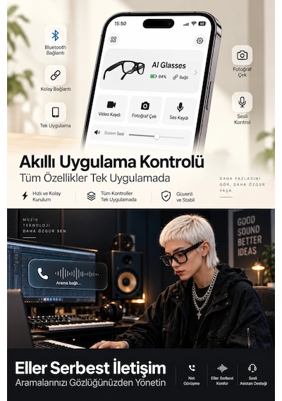 Harvox Yapay Zeka Destekli 8 Mp 1080p Video Sesli Asistan Ve Çeviri Özellikli Akıllı Gözlük