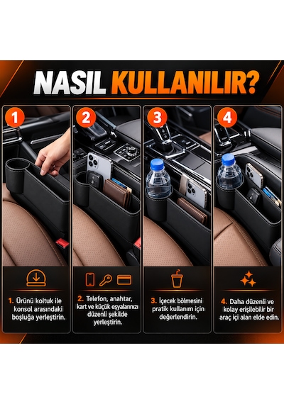 Microcase İçecek Bölmeli Oto Araç Koltuk Yanı Eşya Düzenleyici Organizer Şoför Yanı Al7012 Siyah