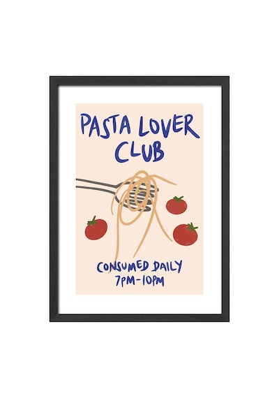 Pasta Lover Club Doğal Ahşap Çerçeveli Poster, Dekoratif Makarna Duvar Tablosu