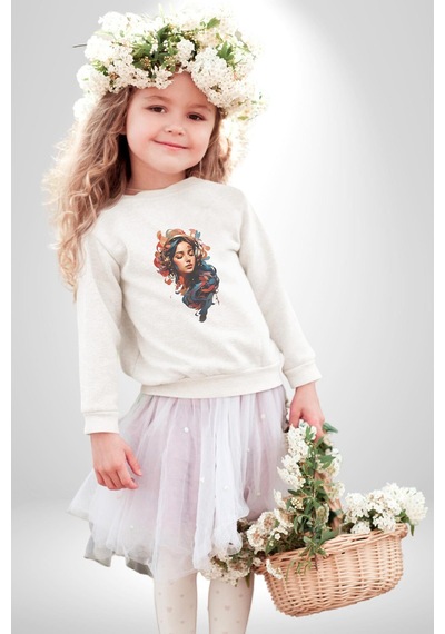 Müzik Dinleyen Kulaklık Yaprak Saçlı Renkli Unisex Beyaz Baskılı Sweatshirt Beyaz