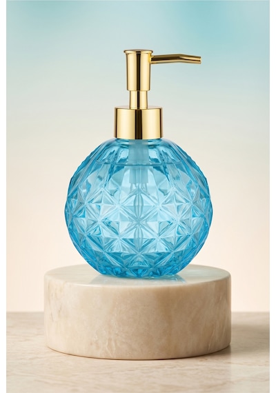 Boby Diamond Küre Cam Sıvı Sabunluk Gold Pompalı Kristal Desenli Dekoratif Banyo Ve Mutfak Dispenseri - 16 Cm X 10 Cm - 500ml - Mavi